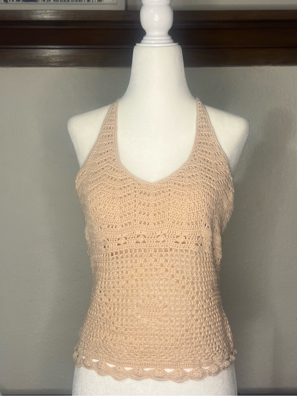 Crochet Halter Tank Top in Beige